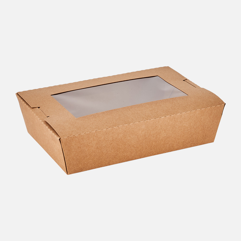Disposable take out box with window
