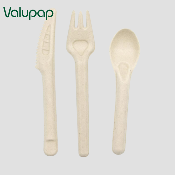 Disposable biodegradable bagasse paper cutlery set